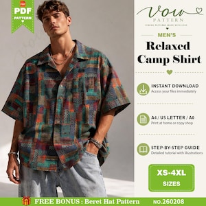 Herren Relaxed Fit Shirt mit kubanischem Kragen PDF Schnittmuster, Loose Fit Camp Shirt Pattern, einfach anfängerfreundlich, digitaler Download