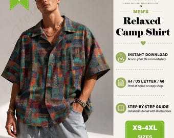 Men’s Relaxed Fit Cuban Collar Shirt PDF Sewing Pattern, Loose Fit Camp Shirt Pattern, Easy Beginner Friendly, Digital Download