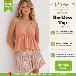 May include: A digital sewing pattern for a backless top featuring a peach-coloured sleeveless bodice with thin straps and a floral print skirt. The document includes text for instant download, A4, US Letter, and A0 formats, and sizes XS-4XL.