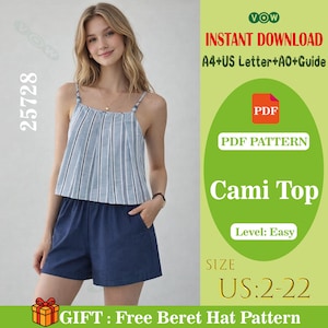 May include: A digital PDF sewing pattern for a cami top and shorts set. The pattern includes instructions for A4, US Letter, and A0 formats, covering US sizes 2-22. The design features a striped cami top and solid navy blue shorts. Includes a free beret pattern.