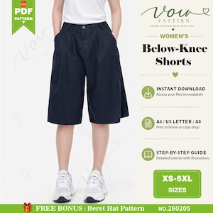 May include: A sewing pattern for below-knee shorts featuring a digital file for download. The pattern includes instructions for sizes XS-5XL, compatible with A4, US Letter, and A0 paper formats, and includes a free bonus beret hat pattern.