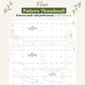 May include: A digital sewing pattern layout featuring the text Vow Pattern Thumbnail and Patterns made with professional CAD software. The grid displays labelled pattern pieces for front, back, and pocket bag sections with cutting instructions.