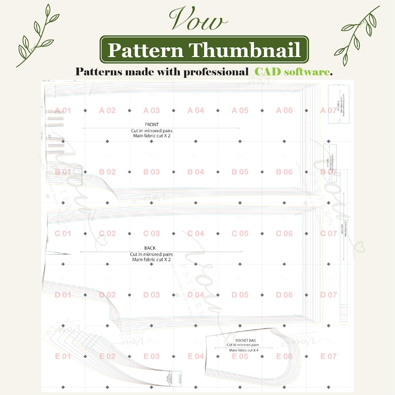 May include: A digital sewing pattern layout featuring the text Vow Pattern Thumbnail and Patterns made with professional CAD software. The grid displays labelled pattern pieces for front, back, and pocket bag sections with cutting instructions.