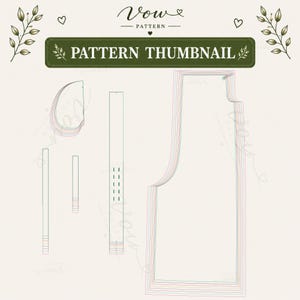 May include: A sewing pattern template featuring multiple nested outlines for various garment pieces. The top header displays the text Vow Pattern and Pattern Thumbnail, decorated with small leaf illustrations and heart icons on a light background.