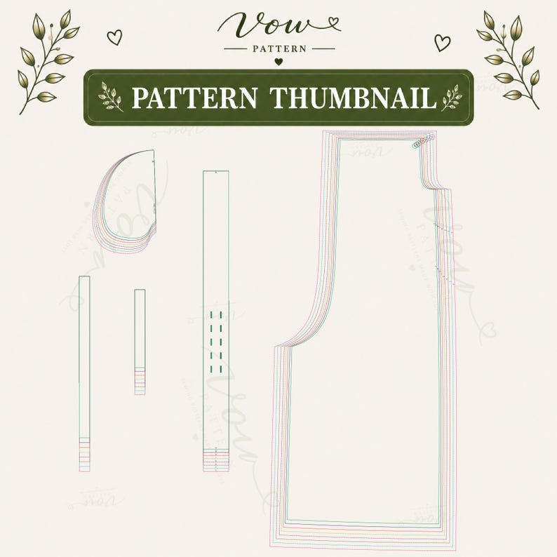 May include: A sewing pattern template featuring multiple nested outlines for various garment pieces. The top header displays the text Vow Pattern and Pattern Thumbnail, decorated with small leaf illustrations and heart icons on a light background.