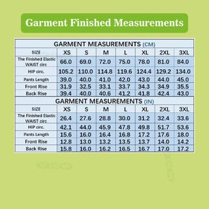 May include: A size chart titled Garment Finished Measurements with two tables displaying dimensions in centimeters and inches for sizes XS through 3XL. The rows list elastic waist circumference, hip circumference, pants length, front rise, and back rise.