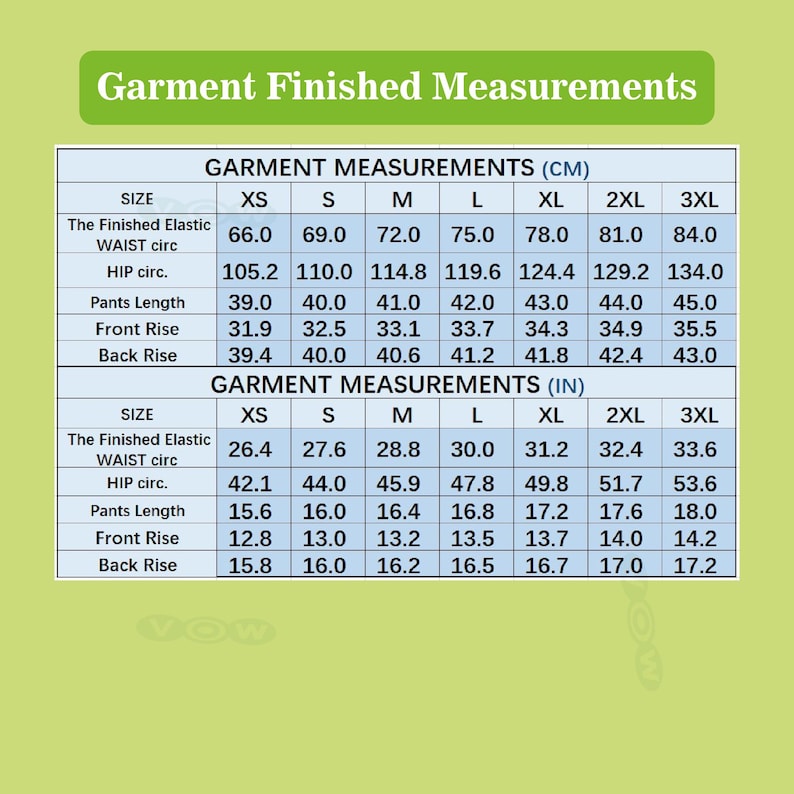 May include: A size chart titled Garment Finished Measurements with two tables displaying dimensions in centimeters and inches for sizes XS through 3XL. The rows list elastic waist circumference, hip circumference, pants length, front rise, and back rise.