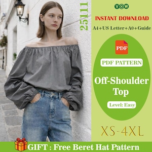 Puede incluir: Una persona con un top gris con hombros descubiertos y vaqueros azules. El top tiene mangas largas y se combina con vaqueros de mezclilla. La imagen incluye el texto "Off-Shoulder Top" y "XS-4XL".