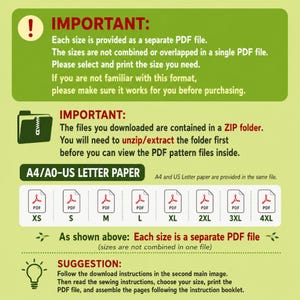 May include: An informational graphic on a light green background with text instructions regarding digital file formats. It explains that each size is a separate PDF file, requires unzipping a ZIP folder, and lists sizes from XS to 4XL for printing.