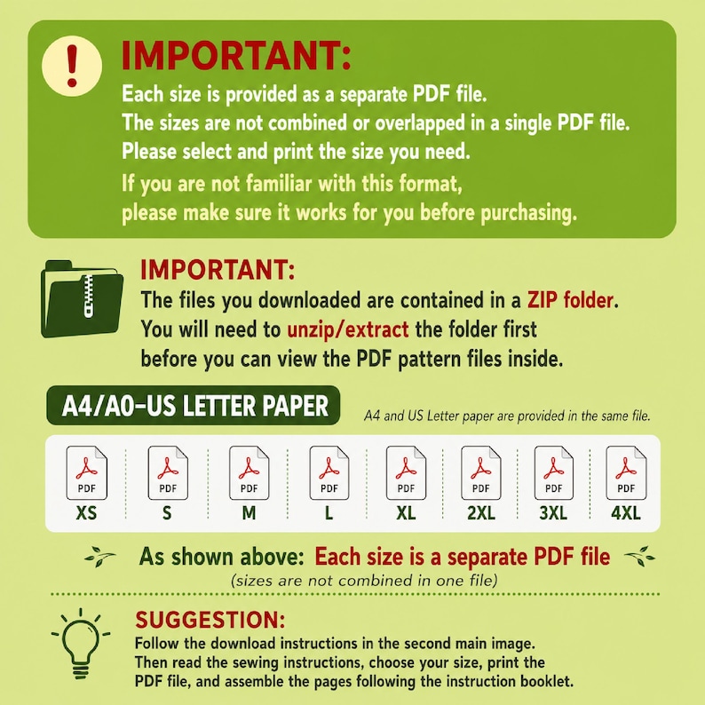 May include: An informational graphic on a light green background with text instructions regarding digital file formats. It explains that each size is a separate PDF file, requires unzipping a ZIP folder, and lists sizes from XS to 4XL for printing.