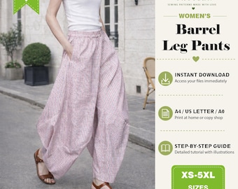 Patrón de costura en PDF para pantalones de pierna ancha para mujer, patrón de costura fácil para pantalones, pantalones globo.