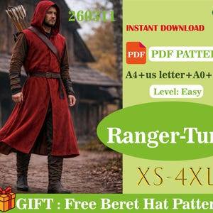 Molde para costura de túnica ranger masculina, camisa viking medieval, túnica folgada com cadarço, roupa de cosplay LARP de manga comprida (PDF)