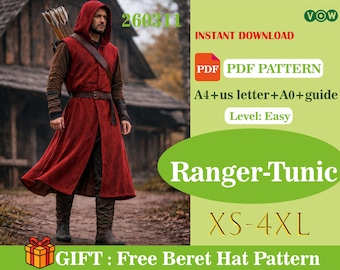 Men’s Ranger Tunic Sewing Pattern, Medieval Viking Shirt, Loose Fit Lace Up Tunic, Long Sleeve LARP Cosplay Outfit PDF