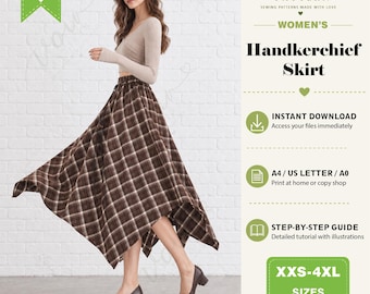 Handkerchief Skirt Sewing Pattern, Elastic Waist Asymmetric Hem, Sizes XXS-4XL (PDF Download)