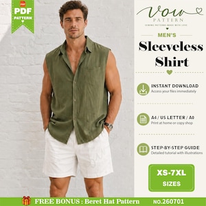 May include: A sleeveless olive green button-down shirt with a collar and a chest pocket, paired with white shorts. The image includes text: Vow Pattern, Sleeveless Shirt, Instant Download, A4/US Letter/A0, Step-by-Step Guide, XS-7XL, Free Bonus.