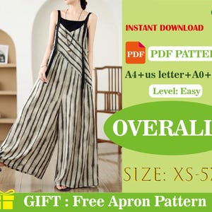 Randiga overaller sömnadsmönster i PDF-format | Damjumpsuit med lös passform | Digital nedladdning för hemmafixering | Snygga vida hängselbyxor i sömnadsprojekt