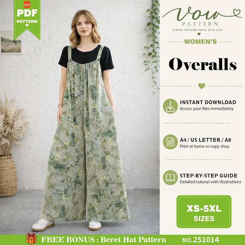 May include: A digital sewing pattern for overalls featuring a green botanical print, wide-leg silhouette, and shoulder straps. The pattern includes text for instant download, A4/US Letter/A0 formats, step-by-step guides, sizes XS-5XL, and a bonus beret.