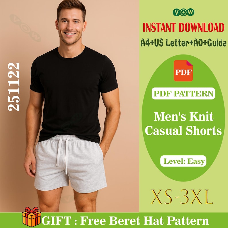 May include: A digital PDF sewing pattern for knit casual shorts, featuring sizes XS-3XL, an easy skill level, and a bonus free beret hat pattern. The document includes A4, US Letter, and A0 formats, with text labels for instant download.