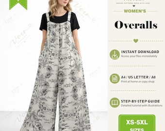Loose Fit Overalls PDF Sewing Pattern – Beginner Friendly Wide Leg Jumpsuit for Women – Relaxed Fit Bib Pants Digital Download