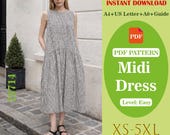 Midi Dress PDF Sewing Pattern – Sleeveless, Asymmetrical Pleated Skirt, Elegant Boho Long Dress Sewing Pattern for DIY, beginner friendly