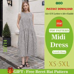 Op de afbeelding: Een mouwloze midi-jurk met een zwart-wit ruitpatroon, een verlaagde taille en een wijde rok. De afbeelding bevat de tekst: INSTANT DOWNLOAD, A4+US Letter+A0+Guide, PDF PATTERN, Midi Dress, Level: Easy, XS-5XL, GIFT: Free Beret Hat Pattern.