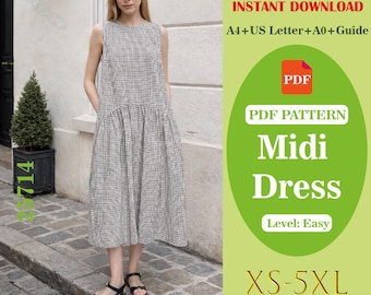 Patrón de costura en PDF para vestido midi: sin mangas, falda plisada asimétrica, elegante patrón de costura para vestido largo bohemio para bricolaje, apto para principiantes.