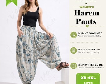 Harem Pants PDF Sewing Pattern, Loose Fit Elastic Waist Trousers