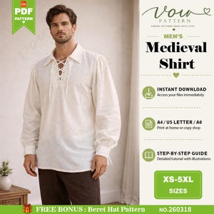 Könnte beinhalten: Ein langärmeliges cremeweißes Hemd mit Schnürung vorne, Kragen und Manschetten. Der Text auf der rechten Seite lautet Vow Pattern, Medieval Shirt, Instant Download, A4 / US Letter / A0, Step-by-Step Guide und XS-5XL Sizes.