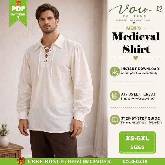Medieval Shirt Sewing Pattern PDF, Renaissance Shirt, Beginner Friendly, Instant Download
