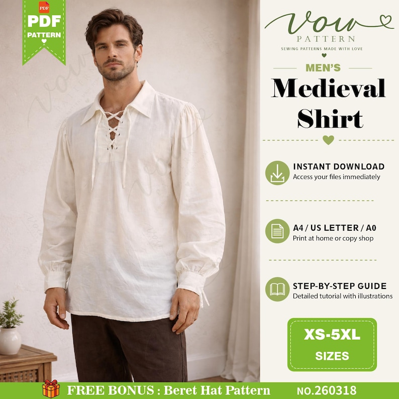 May include: A white long-sleeved shirt with a lace-up front closure and a collar. The image includes text: Vow Pattern, Medieval Shirt, Instant Download, A4/US Letter/A0, Step-by-Step Guide, XS-5XL Sizes, Free Bonus: Beret Hat Pattern, No. 260318.