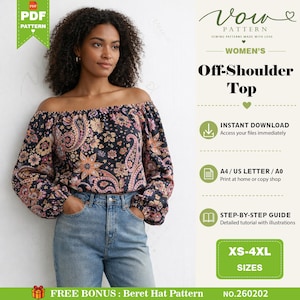Könnte beinhalten: Ein digitales Schnittmuster für ein schulterfreies Oberteil mit langen Ärmeln auf schwarzem Grund mit einem mehrfarbigen Blumen- und Paisley-Muster. Das Schnittmuster enthält einen Sofort-Download, A4-, US Letter- und A0-Formate, eine Schritt-für-Schritt-Anleitung und die Größen XS-4XL.