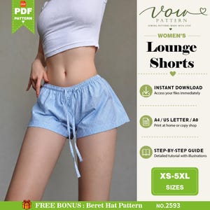 Può includere: Pantaloncini da casa a righe azzurre e bianche con elastico in vita e coulisse. Il testo sull'immagine recita Vow Pattern, Lounge Shorts, Instant Download, A4 / US Letter / A0, Step-by-Step Guide, XS-5XL Sizes, No. 2593.