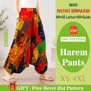 Könnte beinhalten: Haremshose im Patchwork-Design mit roten, gelben, blauen und grünen Mustern. Das Bild enthält Text mit "Sofort-Download" und "Harem Pants" in den Größen XS-4XL. Ein kostenloses Barett-Hut-Muster ist ebenfalls enthalten.