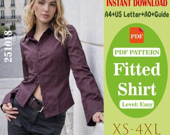 Patrón de costura en PDF para camisa clásica de mujer / Blusa entallada / Descarga digital en tamaños A0, A4 y Carta (EE. UU.)