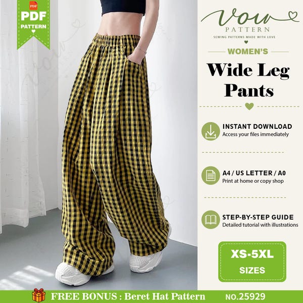 Wide Leg Pants PDF Sewing Pattern, Casual Elastic Waist Pants, Summer Loose Fit Trousers, A0 A4 Letter Printable Sewing File