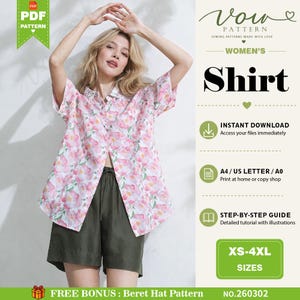 May include: A digital sewing pattern for a button-down shirt with a pink and white floral print. The text includes Vow Pattern, Women's Shirt, Instant Download, A4 / US Letter / A0, Step-by-Step Guide, XS-4XL Sizes, and Free Bonus: Beret Hat Pattern.