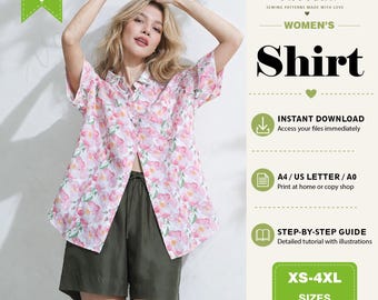 Modello di camicia a maniche corte da donna moderna in formato PDF, modello di camicetta ampia con bottoni, download digitale