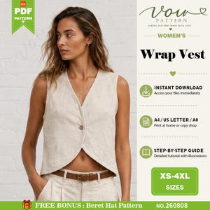 Peut inclure: Un gilet portefeuille sans manches beige avec une fermeture à un seul bouton sur le devant. Le texte sur l'image comprend Vow Pattern, Wrap Vest, Instant Download, A4 / US Letter / A0, Step-by-Step Guide, XS-4XL Sizes et Free Bonus: Beret Hat Pattern.