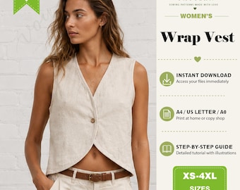 Women's Wrap Vest Sewing Pattern, Sleeveless Waistcoat PDF Pattern, Women's Vest Top, Sizes XS–4XL, A0 A4 US Letter