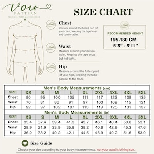 May include: A Vow Pattern size chart featuring a line drawing of a torso with instructions for measuring chest, waist, and hip. It includes a recommended height of 165-180 cm or 5'5"-5'11" and tables listing body measurements in cm and inches for sizes XS to 5XL.
