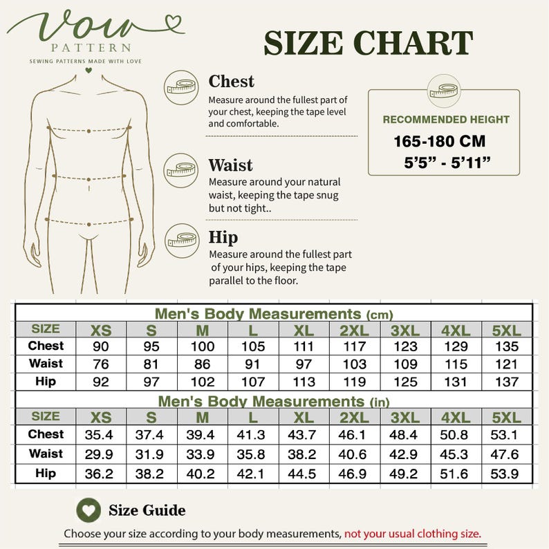May include: A Vow Pattern size chart featuring a line drawing of a torso with instructions for measuring chest, waist, and hip. It includes a recommended height of 165-180 cm or 5'5"-5'11" and tables listing body measurements in cm and inches for sizes XS to 5XL.