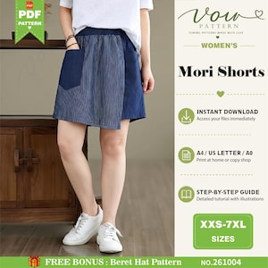 May include: A pair of shorts featuring a blue and white pinstriped front panel with solid dark blue side panels and pockets. The shorts have an elastic waistband and are paired with a white t-shirt and white sneakers. Text includes Vow Pattern Mori Shorts.