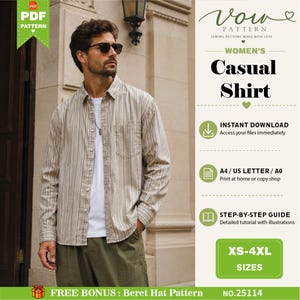 May include: A beige and grey vertical striped long-sleeve button-down shirt with a chest pocket. The image includes text: Vow Pattern, Women's Casual Shirt, Instant Download, A4/US Letter/A0, Step-by-Step Guide, XS-4XL Sizes, Free Bonus: Beret Hat Pattern.