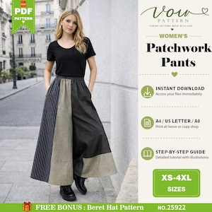 Molde digital para costura de calças de cintura alta e pernas largas com patchwork para mulheres.