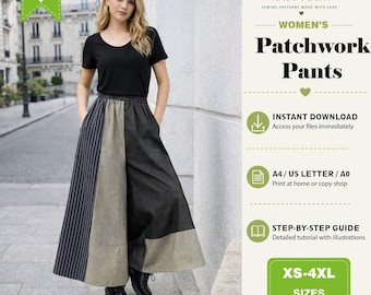 Patchwork High Waisted Wide Leg Pants Sewing Pattern Women Digital Download