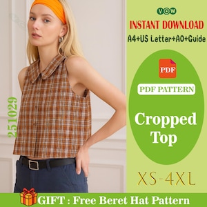 May include: A brown plaid cropped top with a collar, paired with navy blue pants and a black belt. The image includes text that says "Cropped Top" and "XS-4XL". An orange headband is worn.
