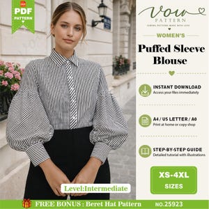 May include: A digital sewing pattern for a black and white striped blouse with puffed sleeves. The document includes text: Vow Pattern, Puffed Sleeve Blouse, Instant Download, A4/US Letter/A0, Step-by-Step Guide, XS-4XL Sizes, Level: Intermediate.