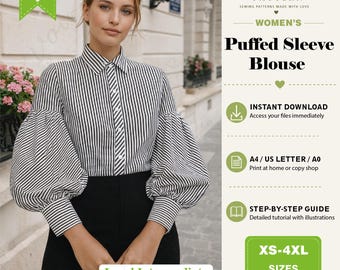 Puff Sleeve Blouse Sewing Pattern PDF | Women’s Shirt Pattern | Instant Download