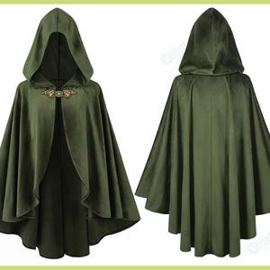 May include: Olive green hooded cloak with a decorative clasp. The cloak is made of a soft fabric and features a hood and a flowing design. The image shows the front and back of the cloak.