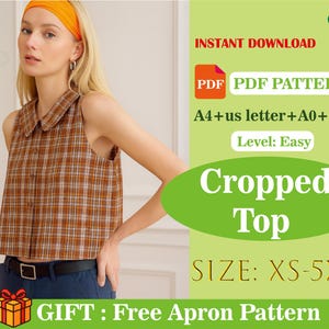 Cropped Sleeveless Plaid Shirt Sewing Pattern PDF | Summer Button Down Tank Top | Casual Vintage Style Women Top | Easy Beginner Sewing